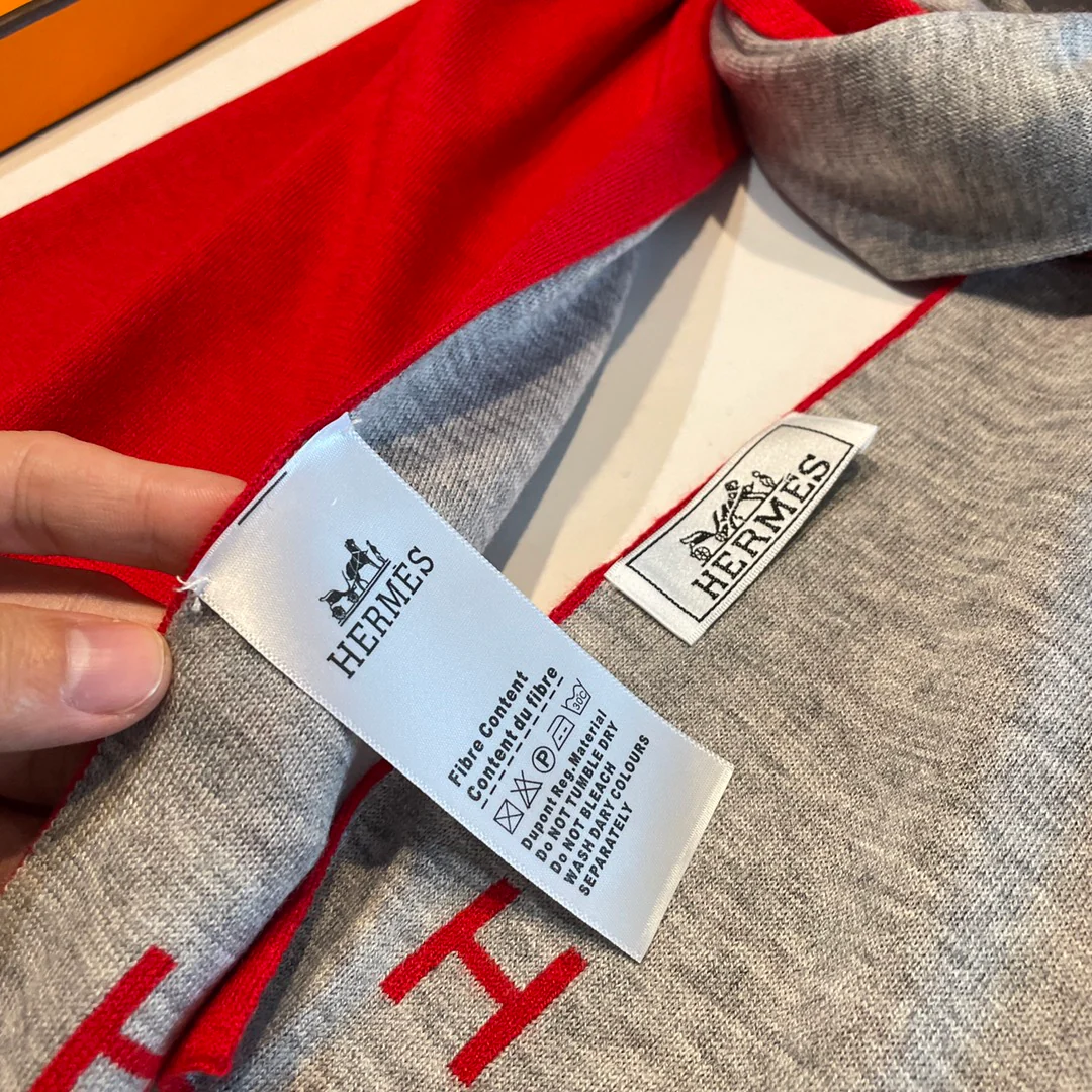 Вязаный кашемировый двусторонний шарф Hermes - 32 см - 180 см - красновато-серый