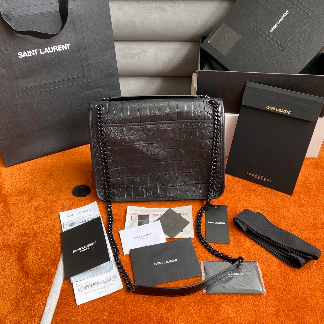 Сумка-мессенджер YSL-niki - черная - с крокодиловым рисунком - 28 см