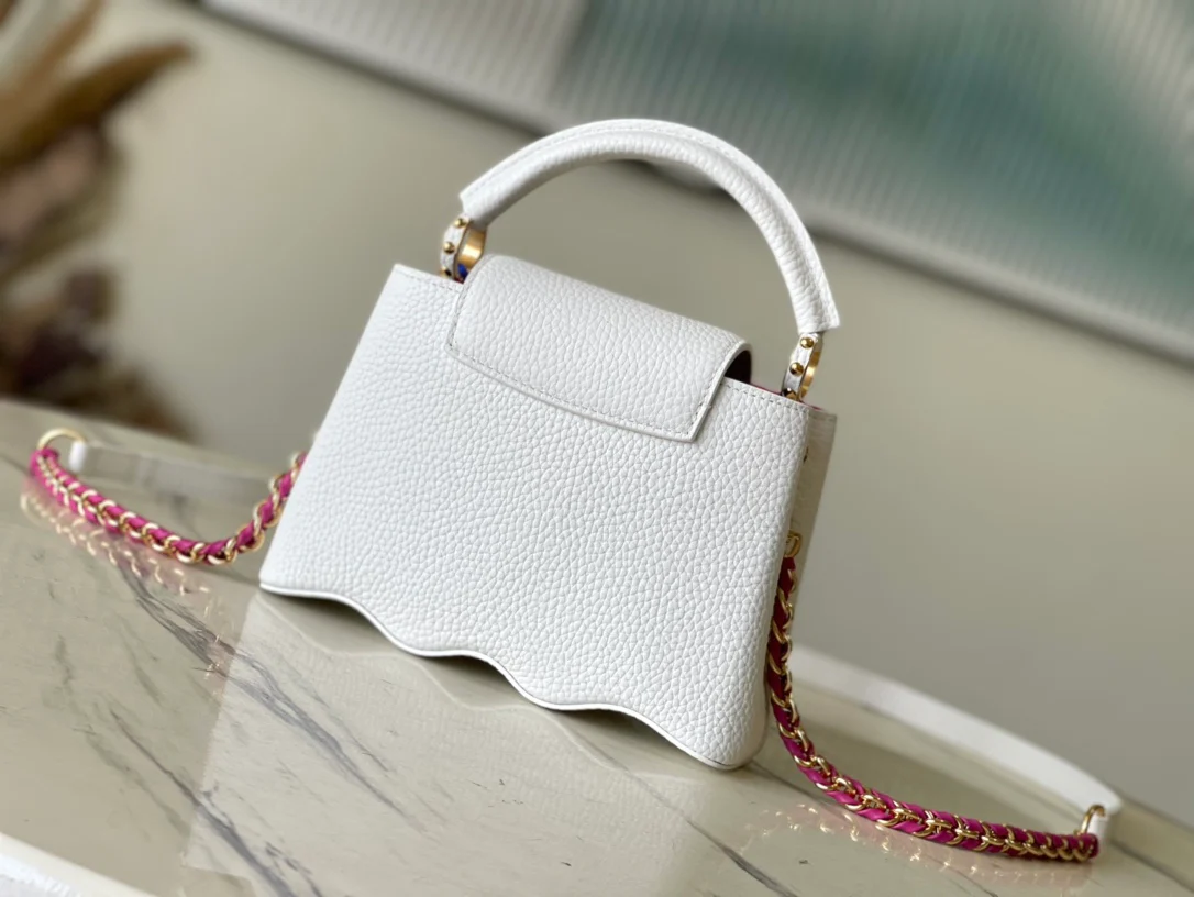 m22121-LV-Taurilon Leather-Capucines Handbag-White Wavy Bottom-Mini
