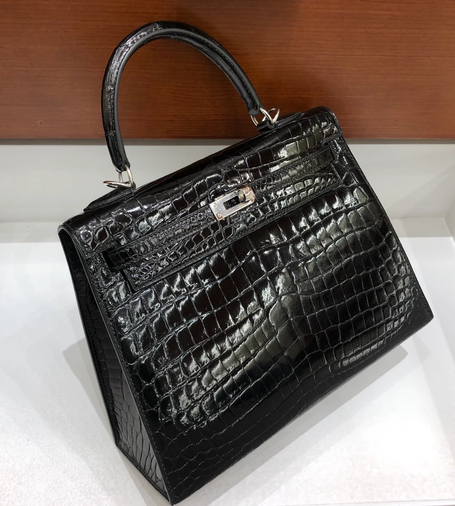 Hermes-Birkin-25-American Alligator-Spotted Dove Grey-Silver Buckle