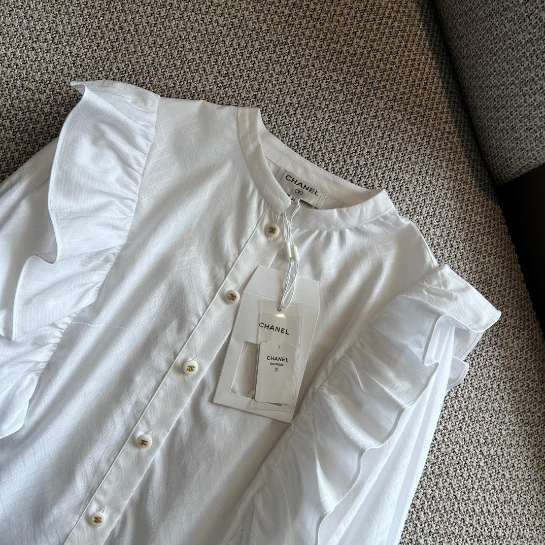 Белая рубашка Chanel 2403 с рукавами-фонариками и оборками - 1 шт.