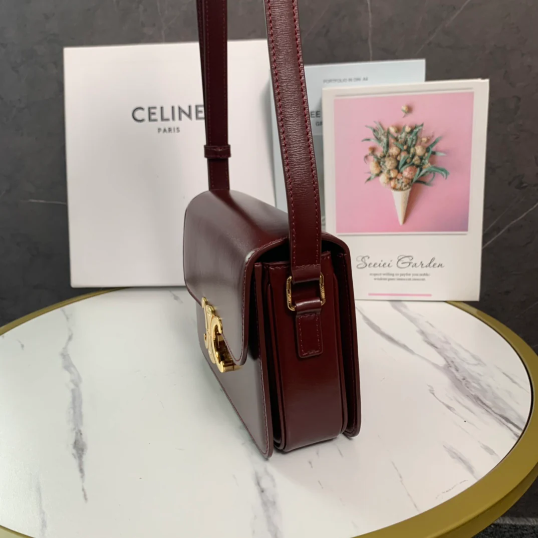 Сумка Celine Triomphe Classic из глянцевой телячьей кожи — красновато-коричневая.