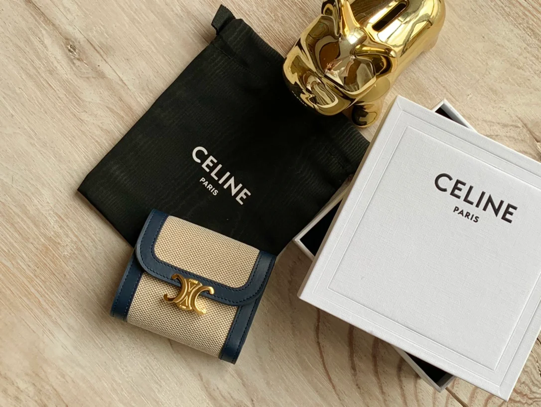 Celine 织物和牛皮革小号翻盖钱包