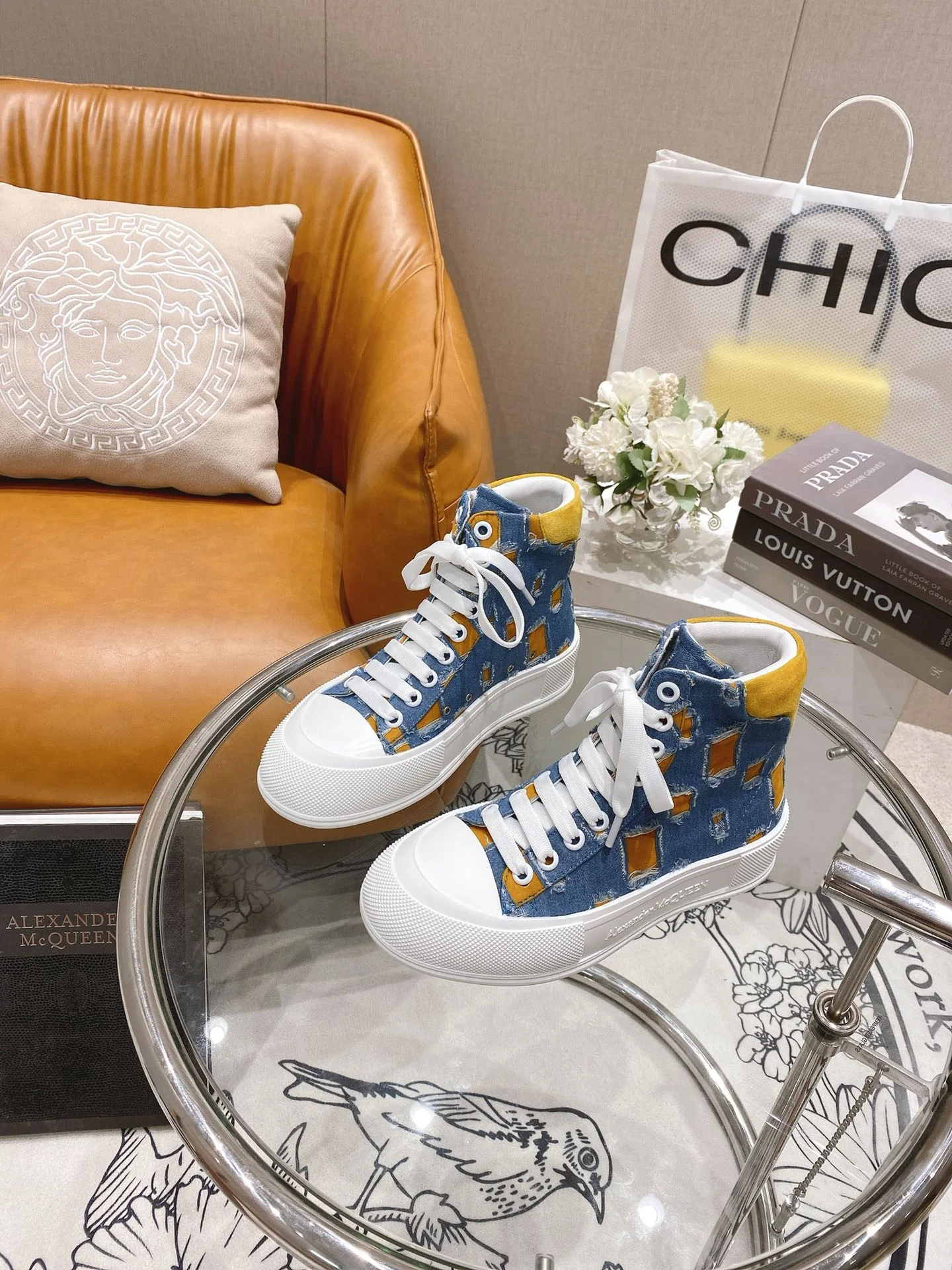 Кроссовки на платформе McQueen из парусины - джинсовый лоскутный дизайн - парный стиль