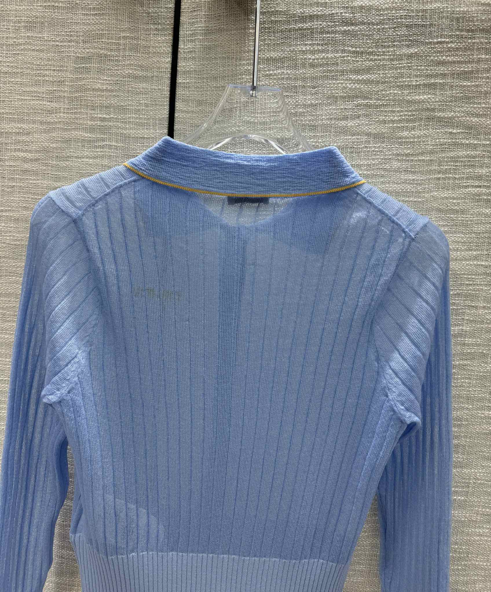 Miu Miu - 2404 - Вязаный кардиган с длинными рукавами и воротником-поло в стиле колор-блок - Синий