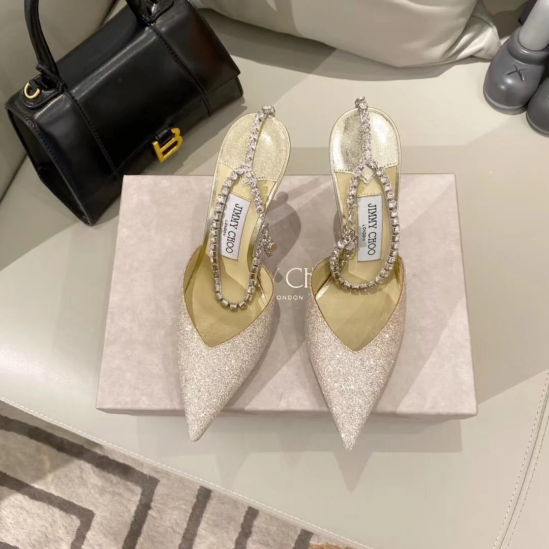 Jimmy - Цепочка с крестом и стразами - Туфли на высоком каблуке - Серебристо-белые