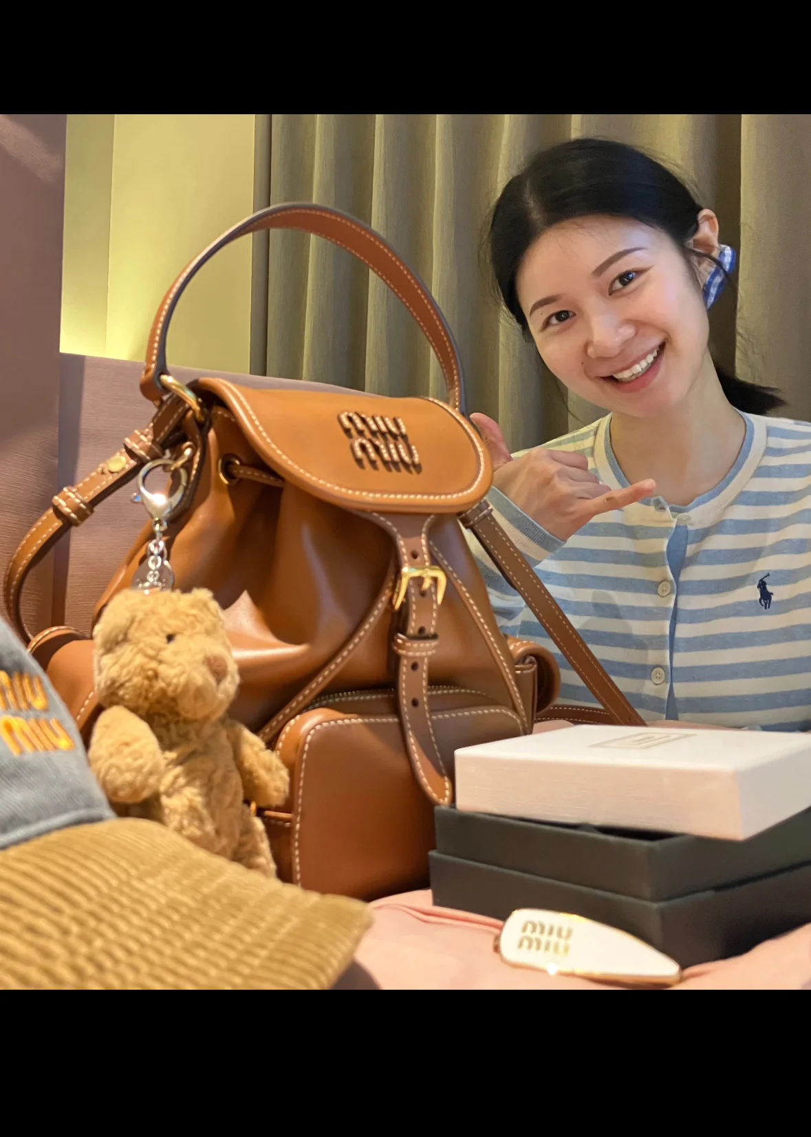 Рюкзак Miu Miu из канваса и кожи — маленький, коньячного цвета — (Образ для совместного использования)