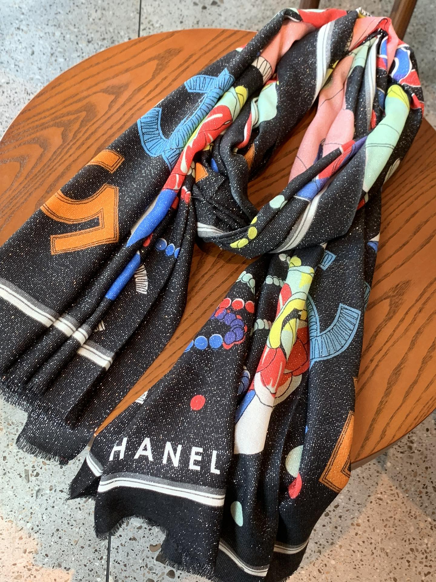 Chanel - Длинный шарф для девочек - 110-200 см - 100% кашемир - Черный