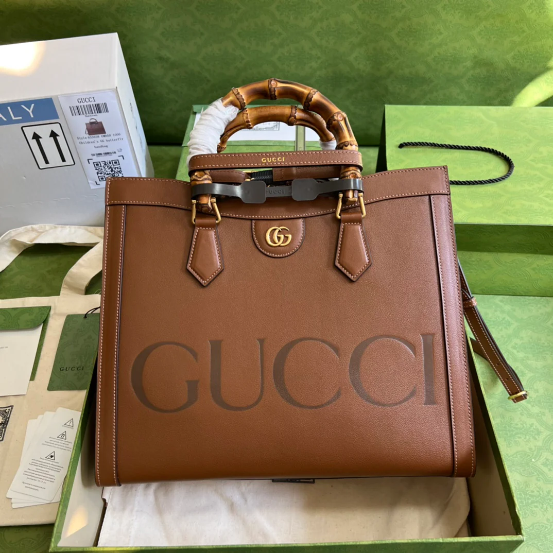 Сумка Gucci Bamboo — большая сумка-тоут — 35x30x14 см — коричневая, из натуральной кожи.
