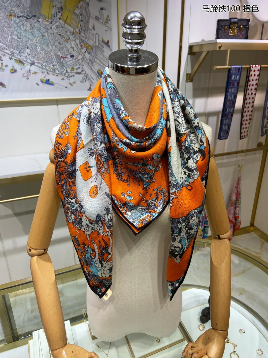 Кашемировый квадратный шарф Hermes в форме подковы - 100 см - 70 см - Кашемир - 30 см - Шелк