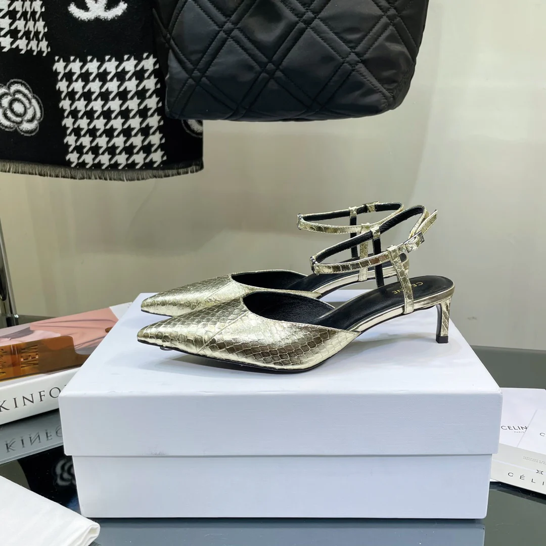 Новинка сезона весна/лето 2023 от Celine — сандалии на низком каблуке с острым носком.