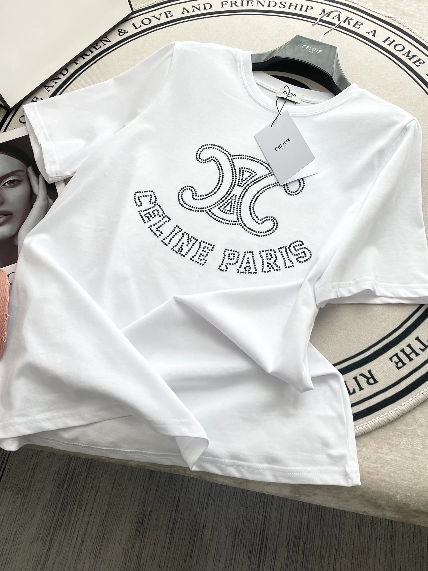 Футболка Celine 2403 с коротким рукавом и стразами - белая