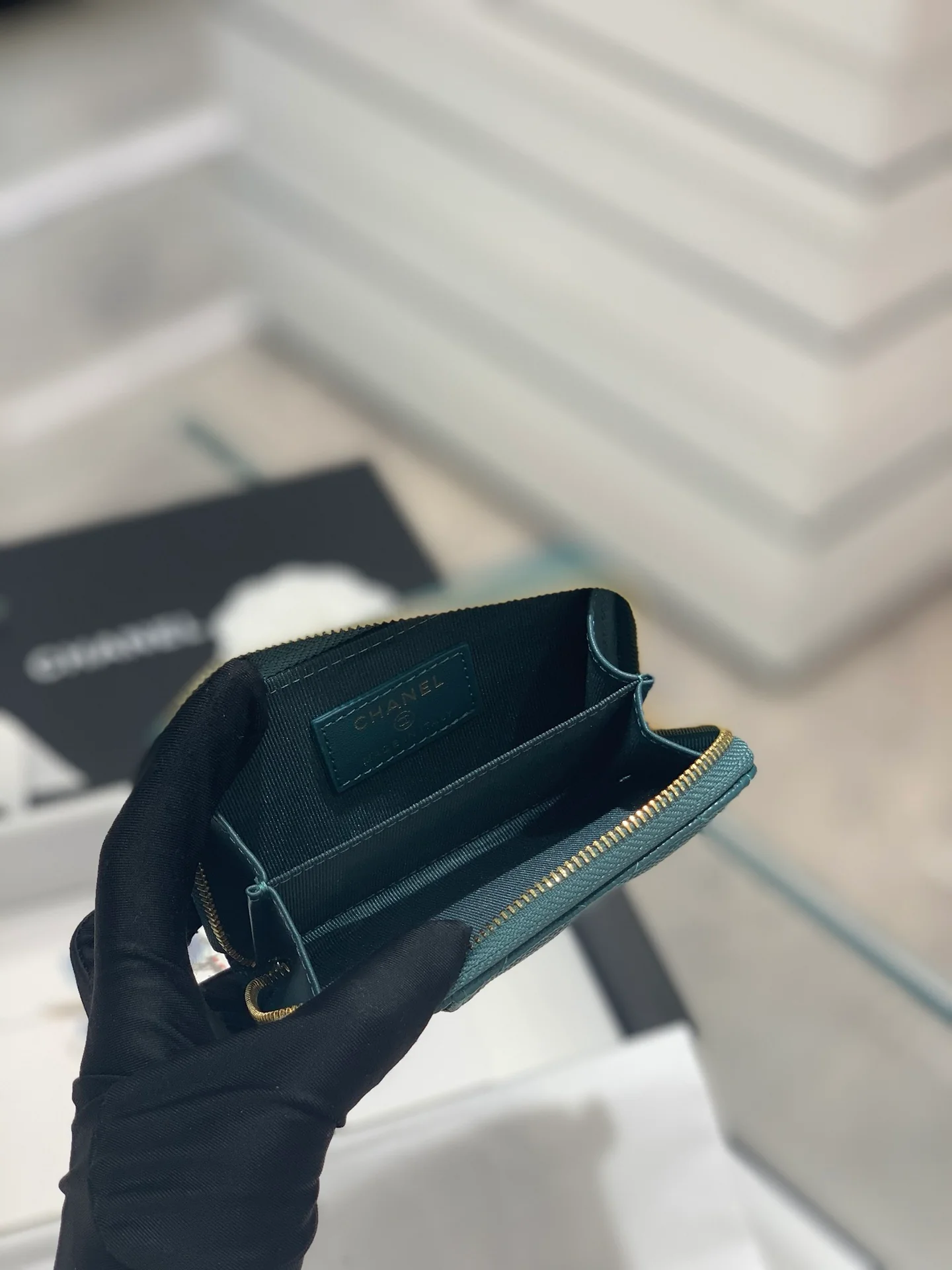 Chanel-菱格纹拉链卡包钱包 湖水绿