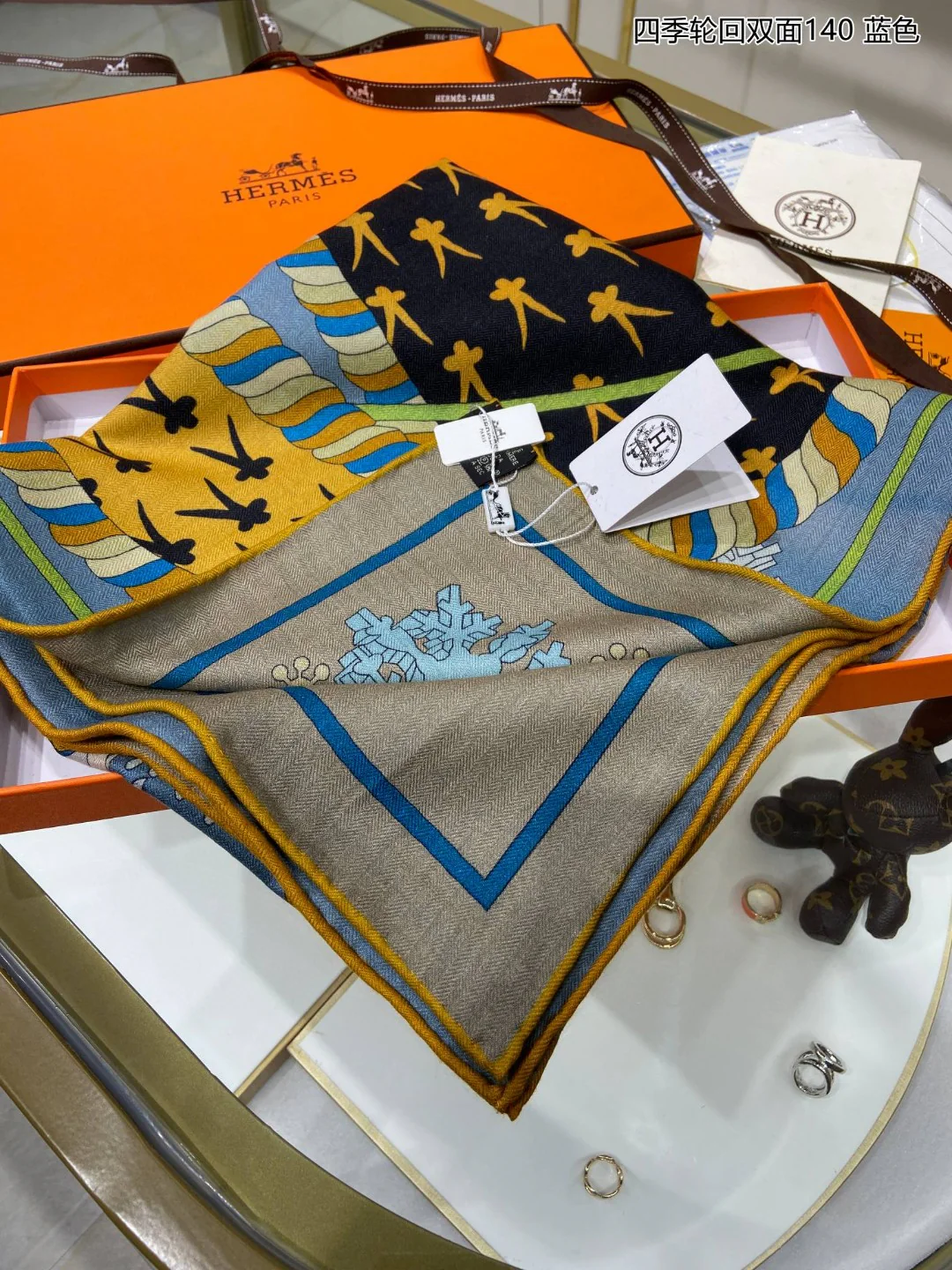 Сезонный двусторонний квадратный шарф Hermes - 140 см - 70% кашемир - 30% шелк - синий