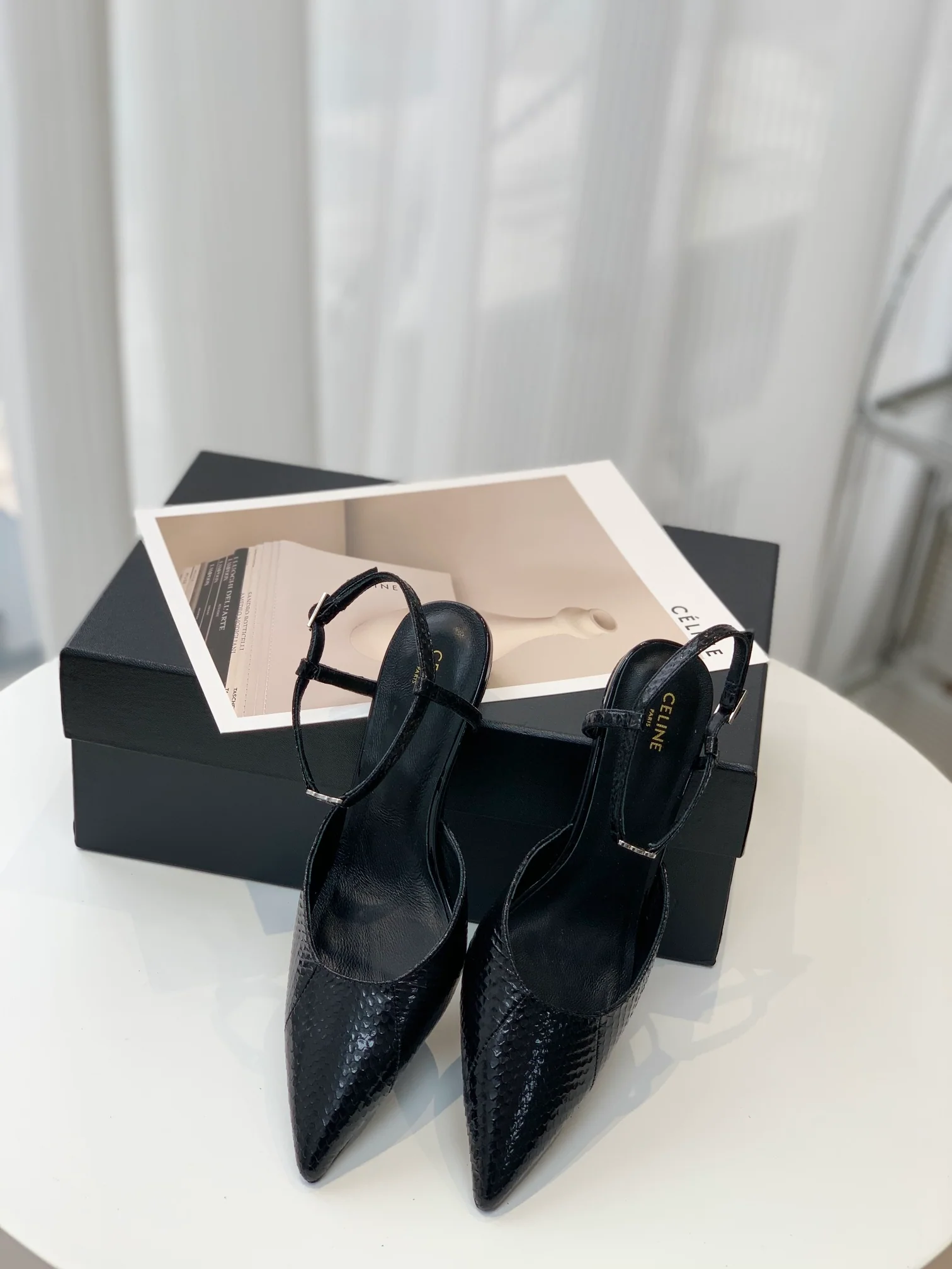 Новинка сезона весна/лето 2023 от Celine - Босоножки на низком каблуке с острым носком - Черные