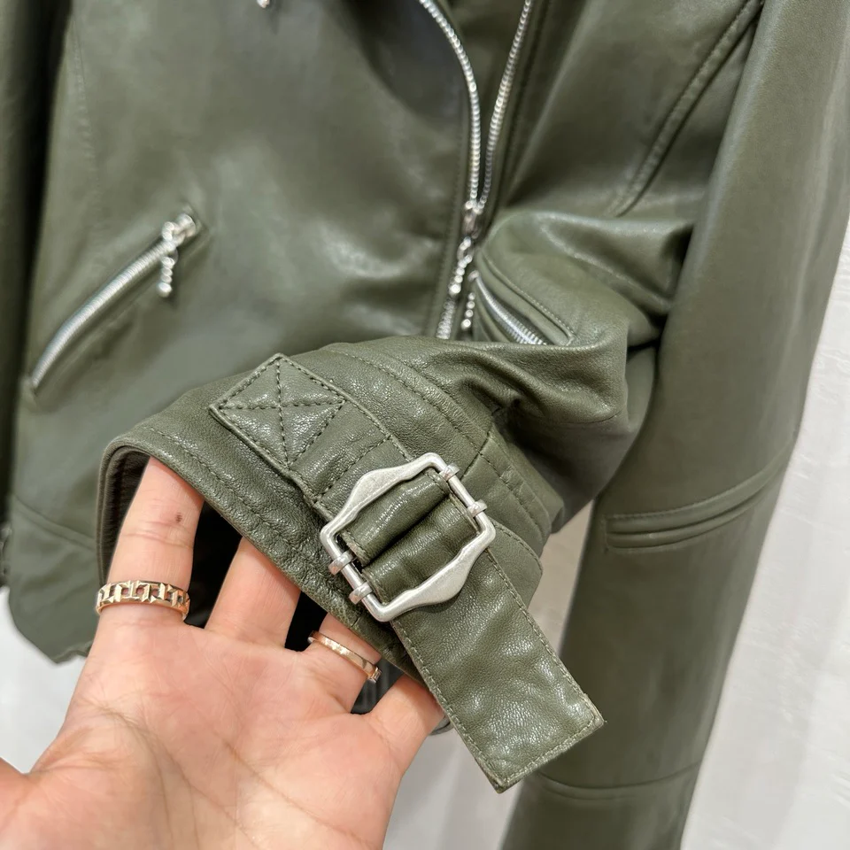 Balenciaga - 2403 - Новинка ранней весны - Стильная кожаная мотоциклетная куртка - Оливково-зеленый