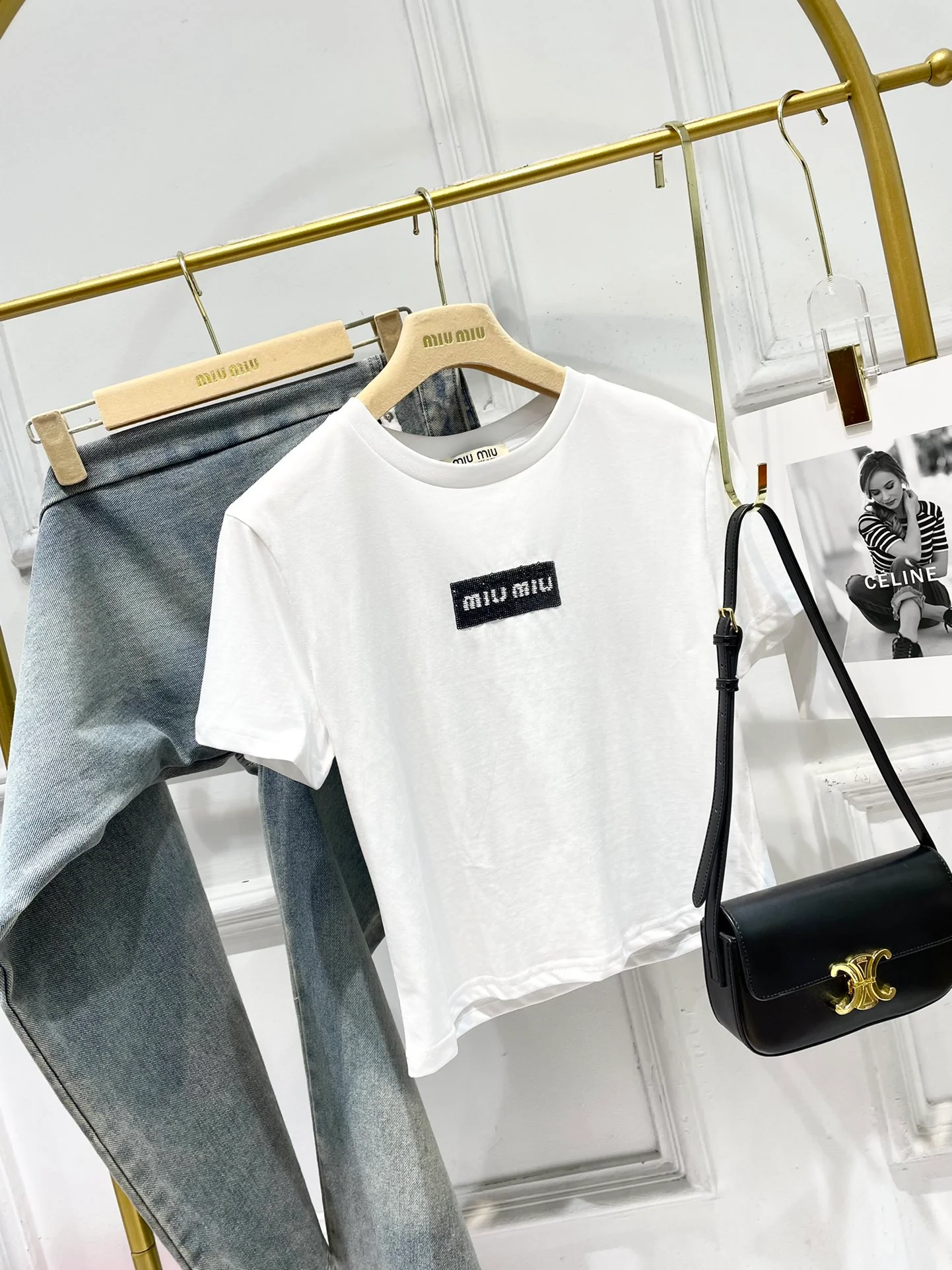 Miu Miu-2404 Однотонная трикотажная хлопковая футболка с коротким рукавом