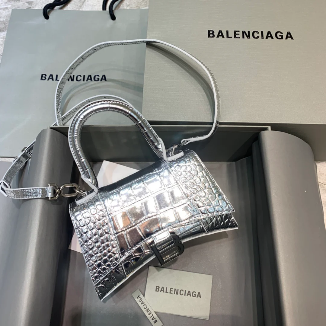 Сумка Balenciaga Hourglass, размер XS, серебристый, с крокодиловым рисунком
