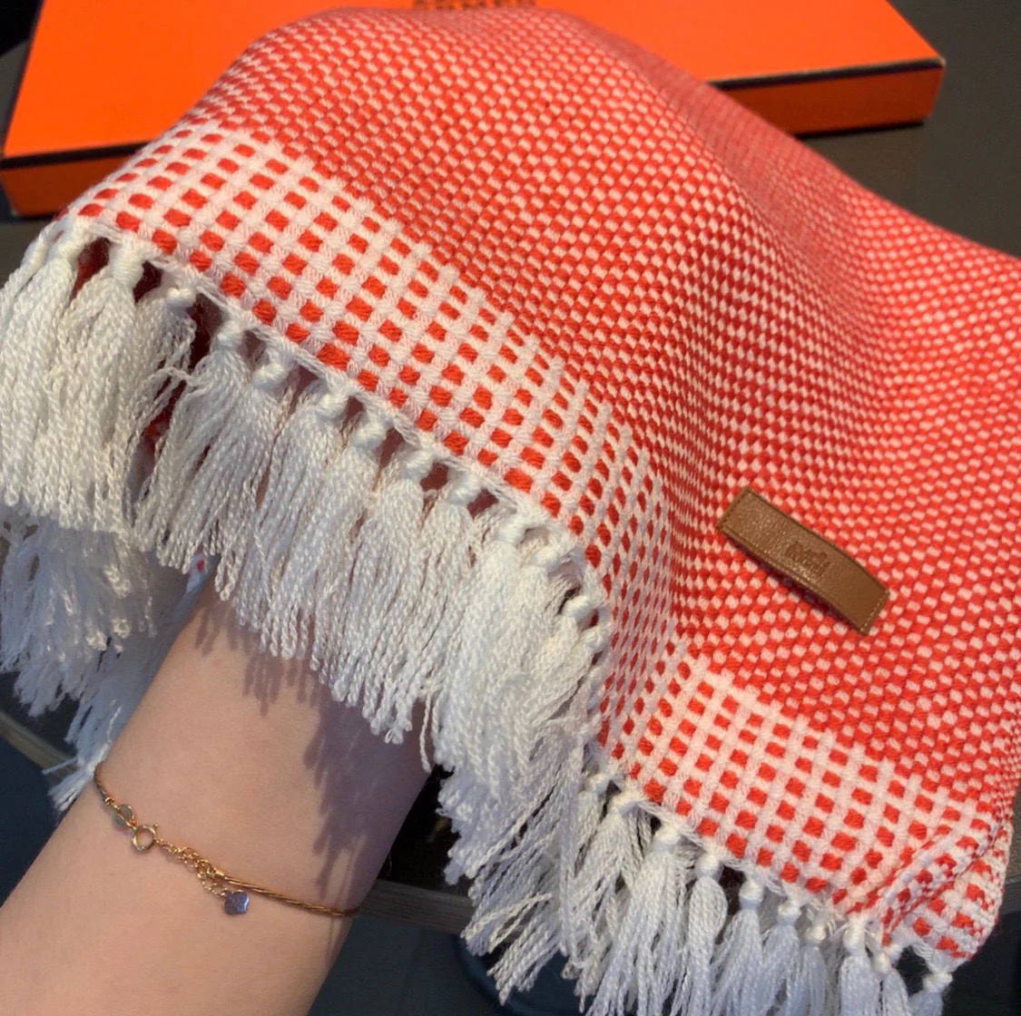 Вязаный кашемировый шарф Hermes ручной работы - 40 см - 195 см - оранжево-красный