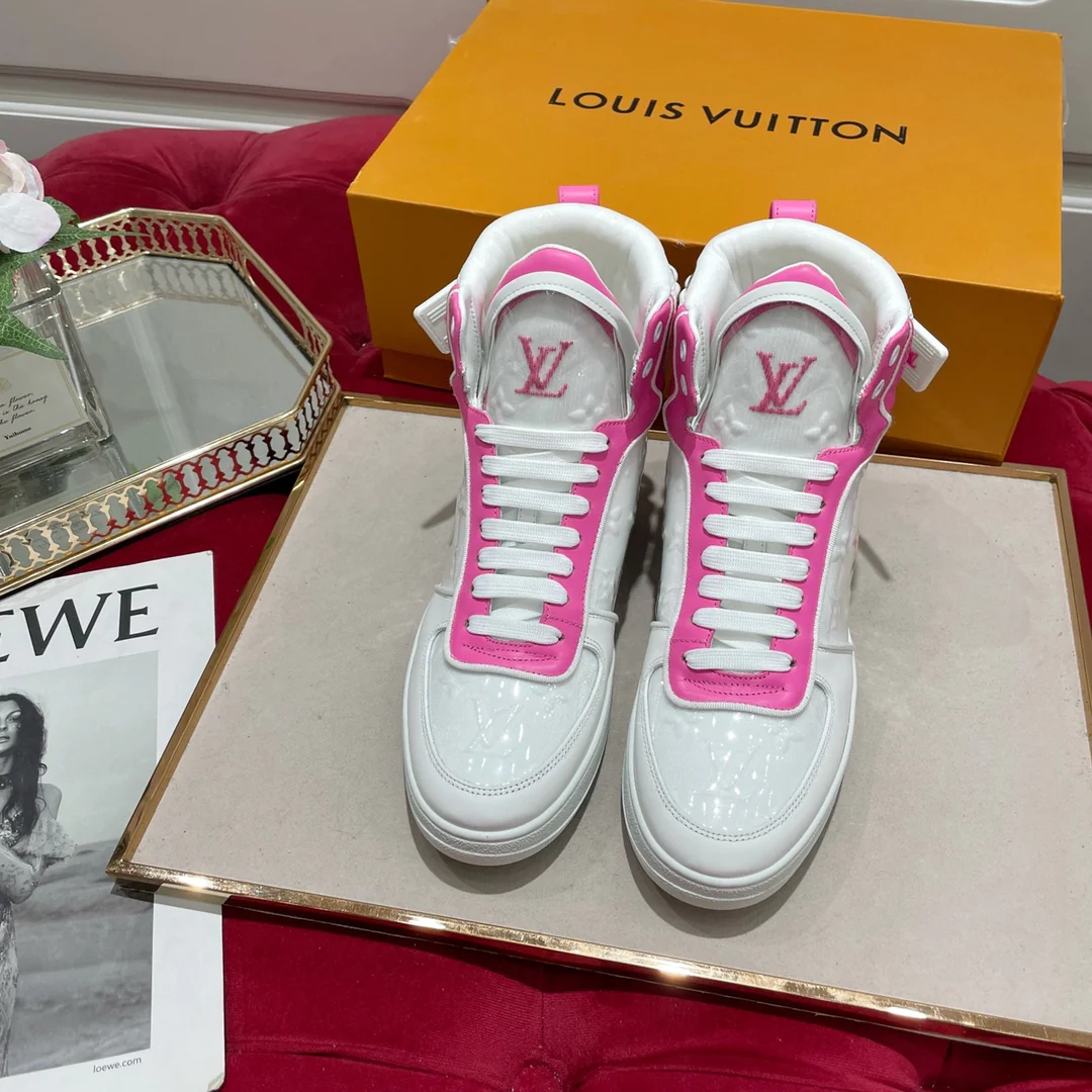 Обувь LV - кроссовки LV - высокие - повседневная обувь - розовые