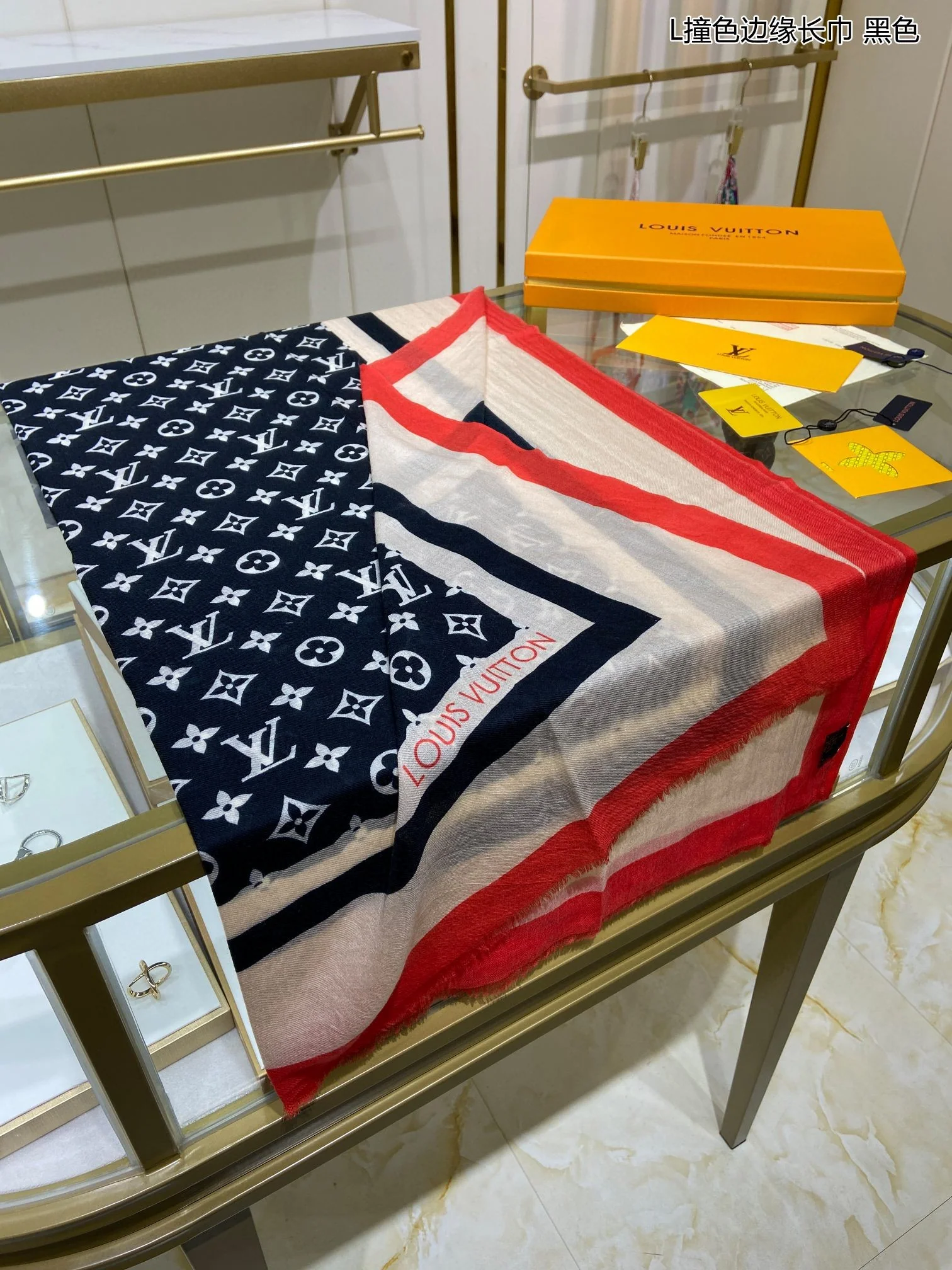 LV - Длинный шарф с контрастной каймой - 110-200 см - 100% кашемир - синий