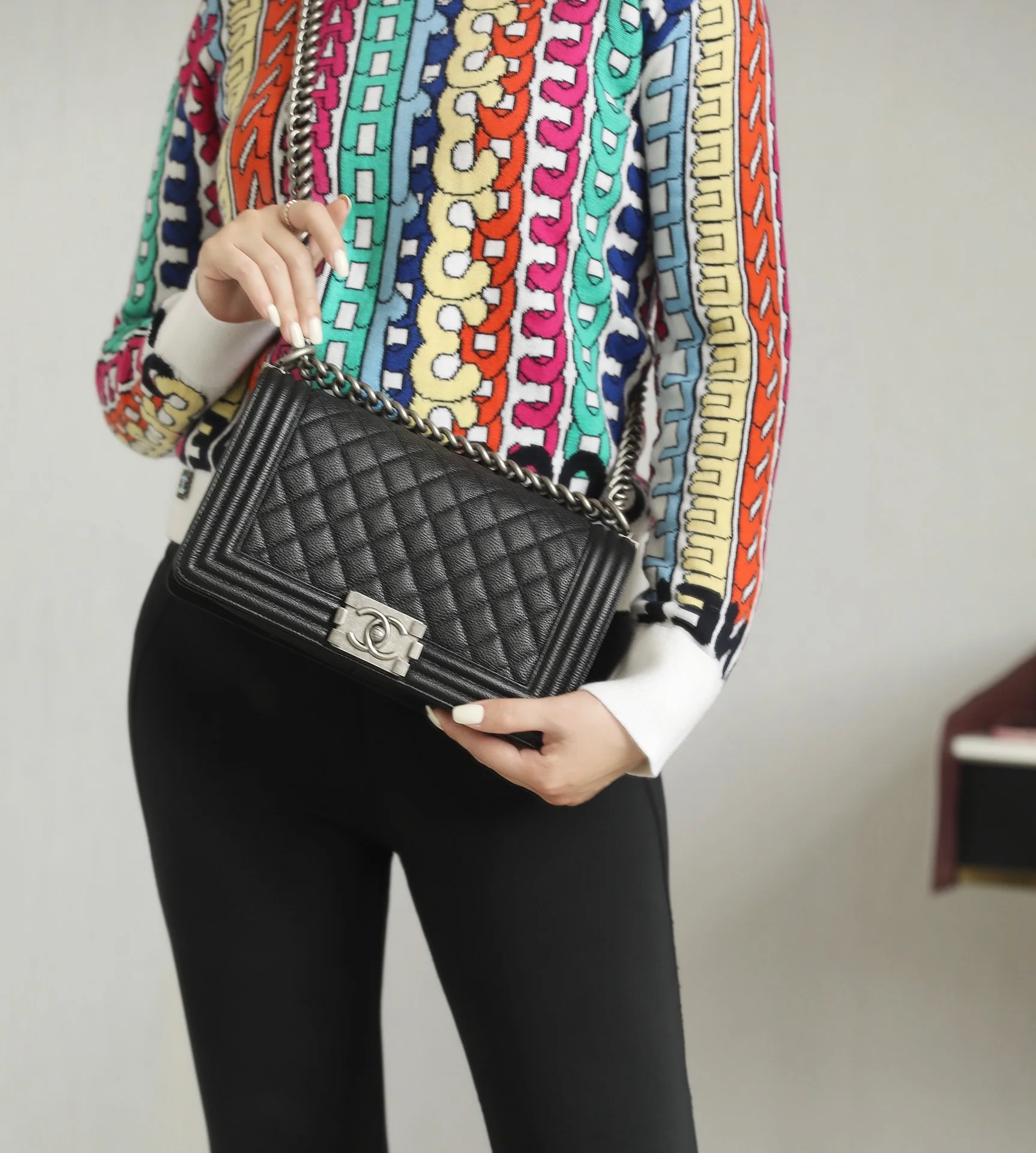 Chanel Le Boy Crystal Diamond Pattern Caviar - Medium - Black Silver