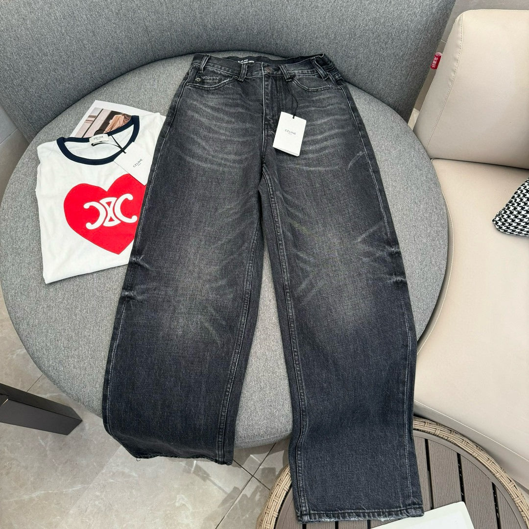 Celine 2403 - Джинсы свободного кроя с высокой талией, дымчато-серого цвета, с эффектом потертости.