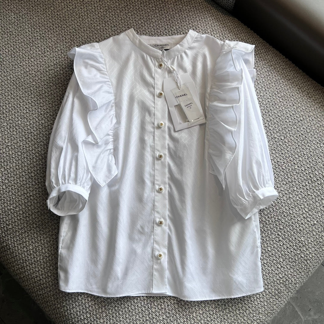 Белая рубашка Chanel 2403 с рукавами-фонариками и оборками - 1 шт.