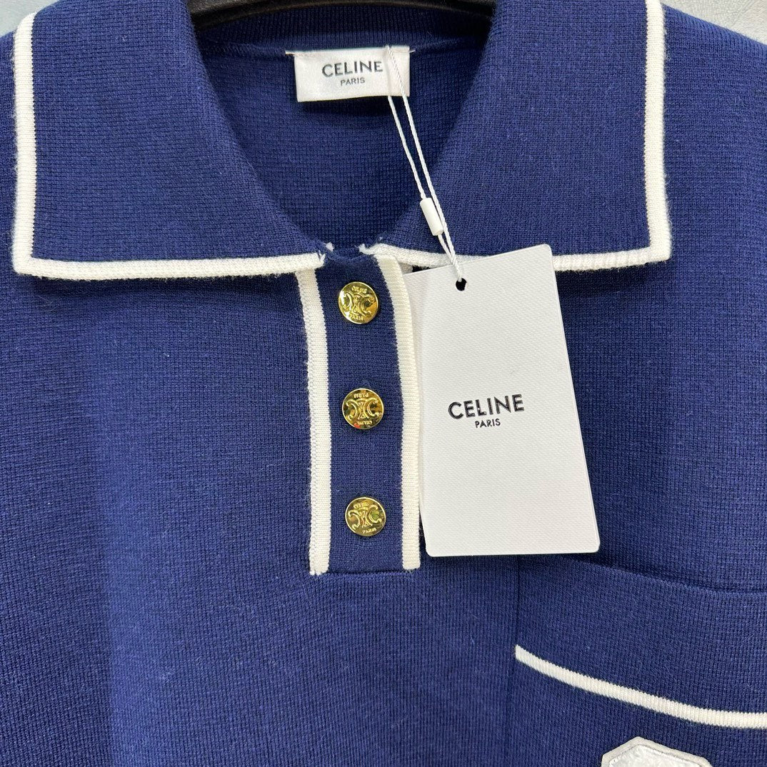 Новая трикотажная футболка-поло Celine с коротким рукавом, коллекция весна/лето 2024.