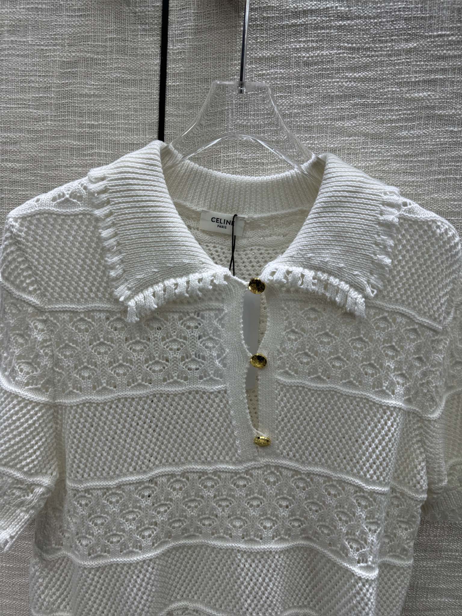 Celine-2404 - Ажурный вязаный поло с коротким рукавом, белый