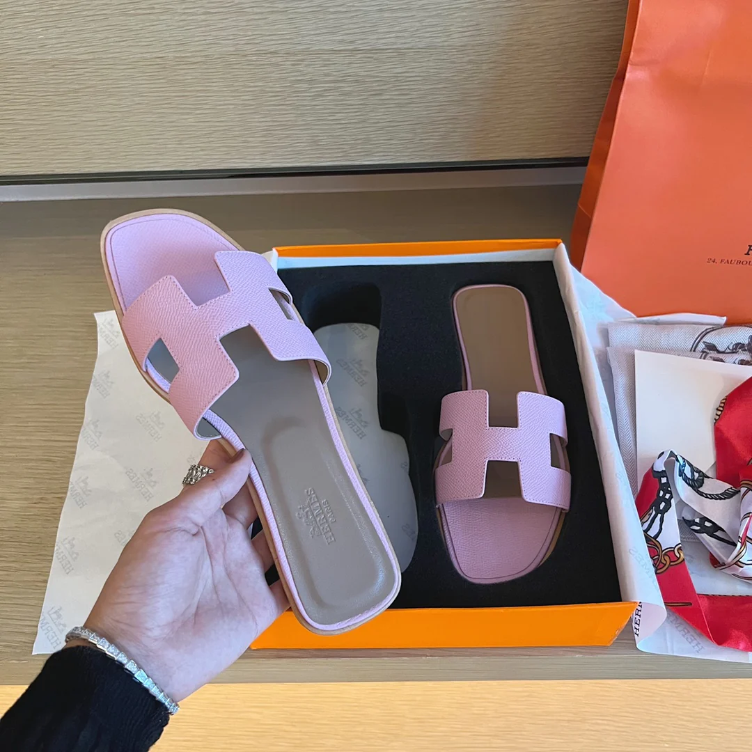 Тапочки Hermes-h на плоской подошве - серия с принтом пальмовых листьев - 1