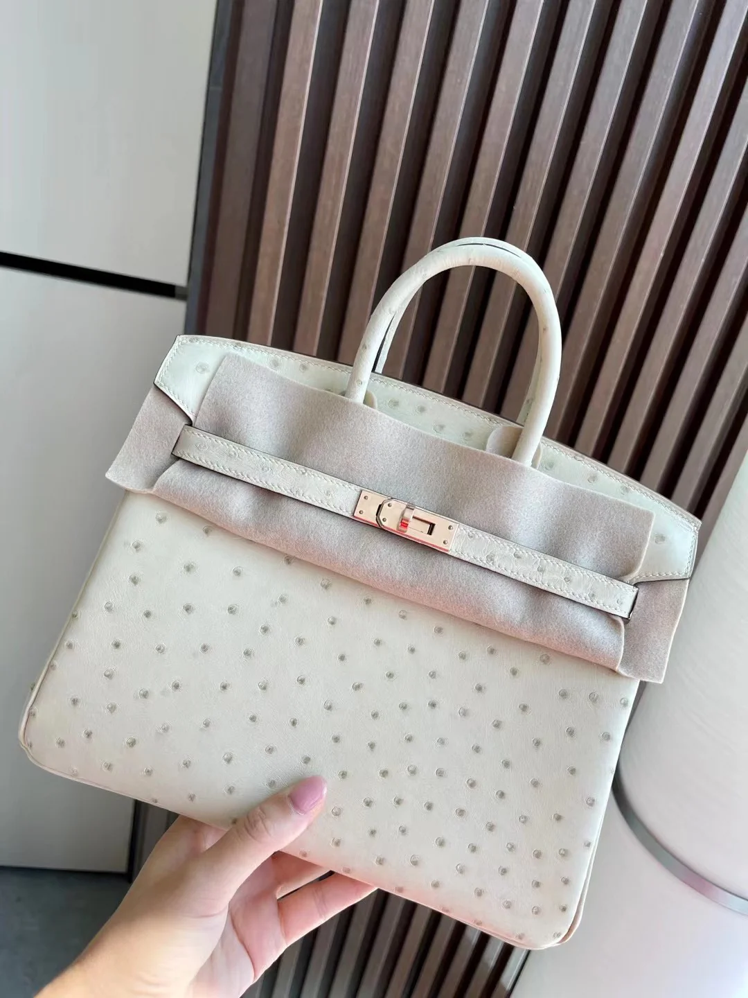 Сумка Hermes Birkin 25 из страусиной кожи белого цвета с пряжкой из розового золота.