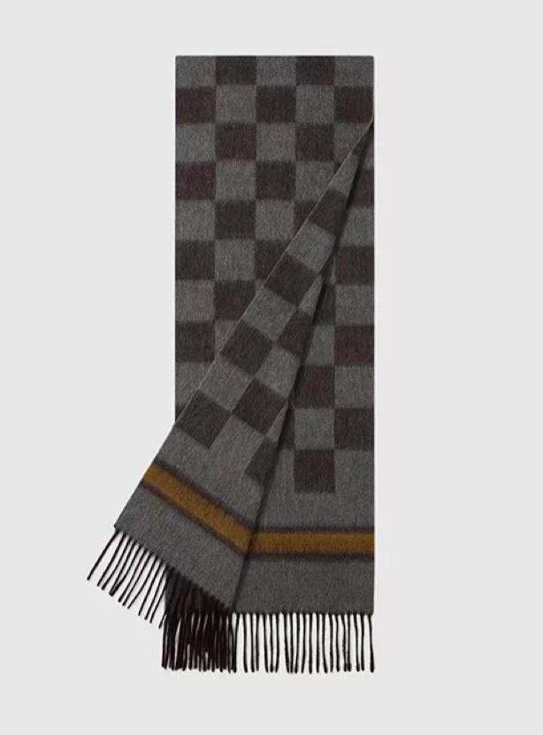 Двусторонний шарф LV Damier - 30 см (190 см) - с кисточками - 100% кашемир - коричневый