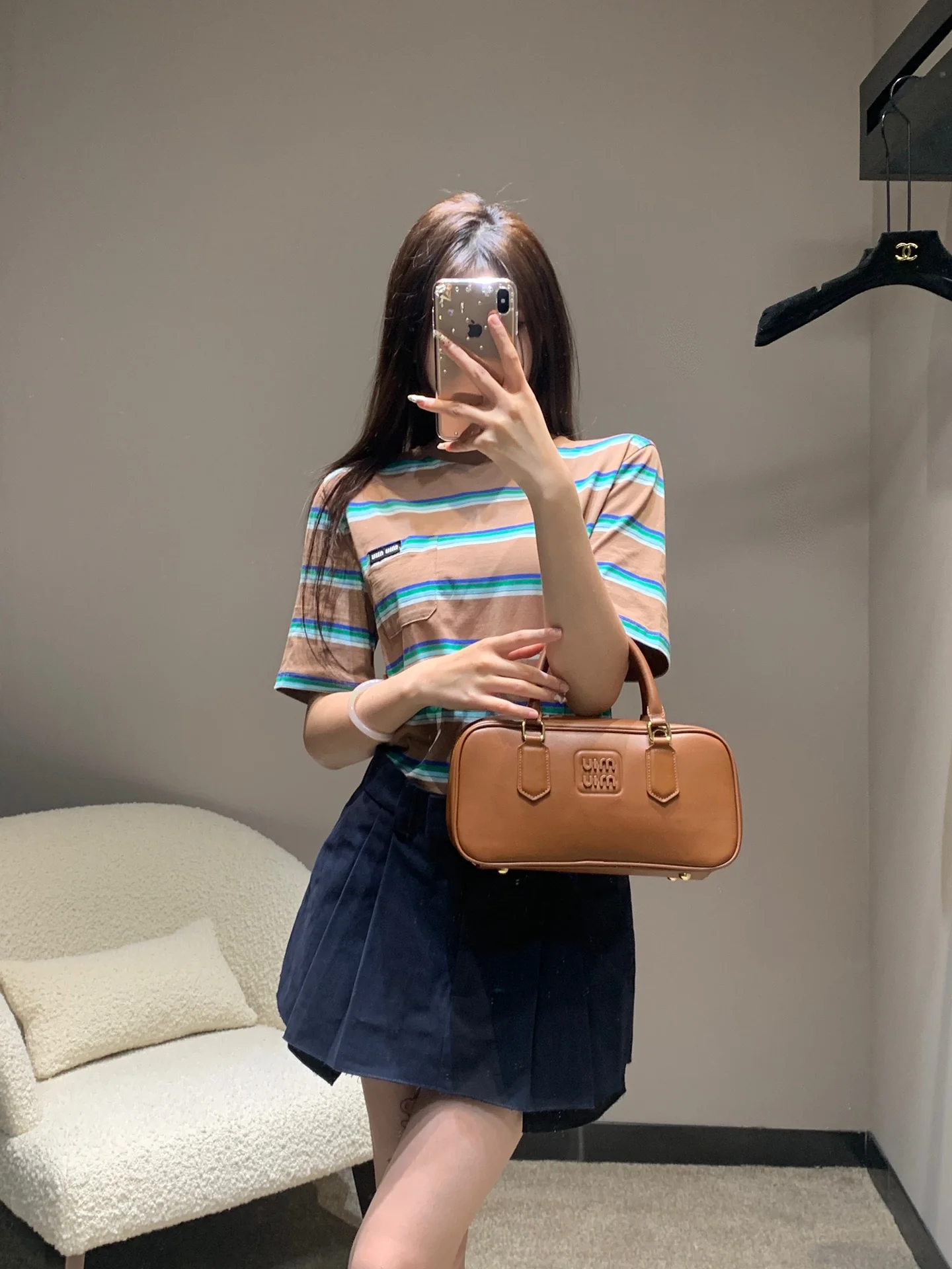 Miu Miu-2404-Синяя юбка-двойка в американском стиле с заниженной талией и эффектом потертости