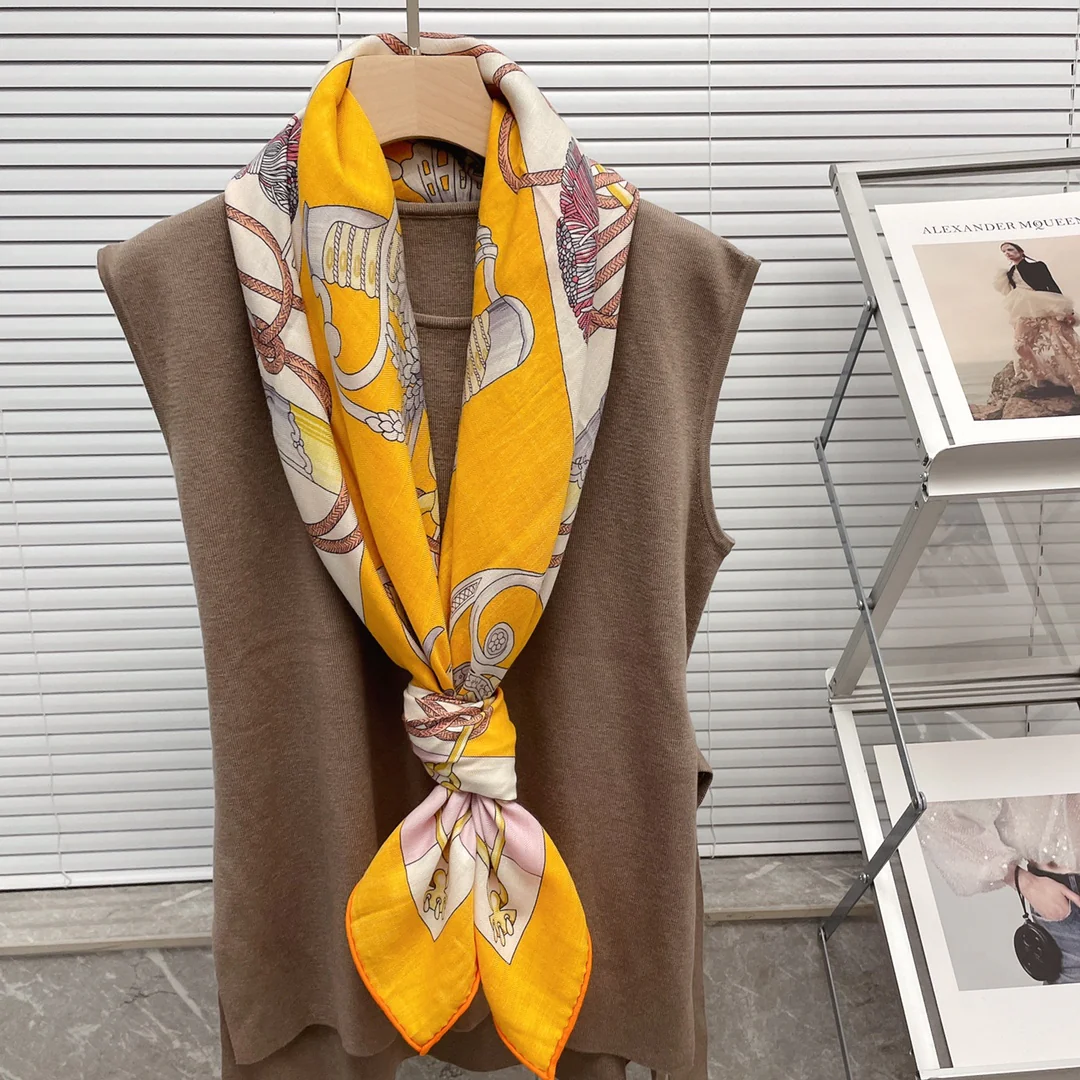 Большой двусторонний шарф Hermes - 136 см - 30 см - Шелк 70 - Шерсть