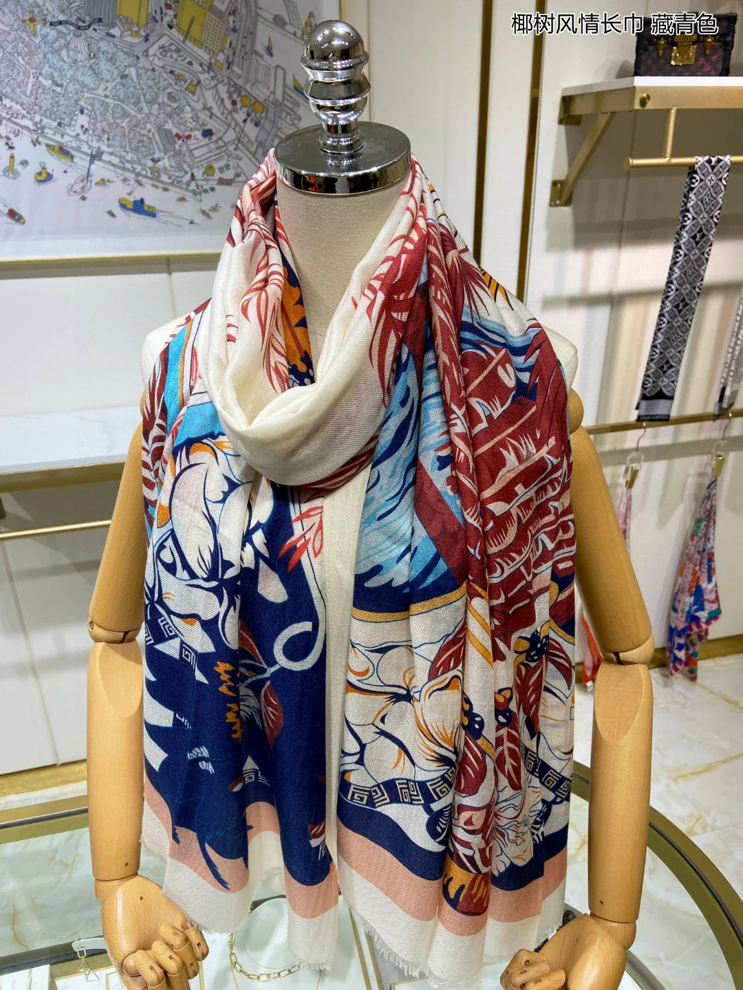 Длинный шарф Hermes в стиле ?Кокосовая пальма? — 110 см x 200 см — 100% высококачественный кашемир — белый.