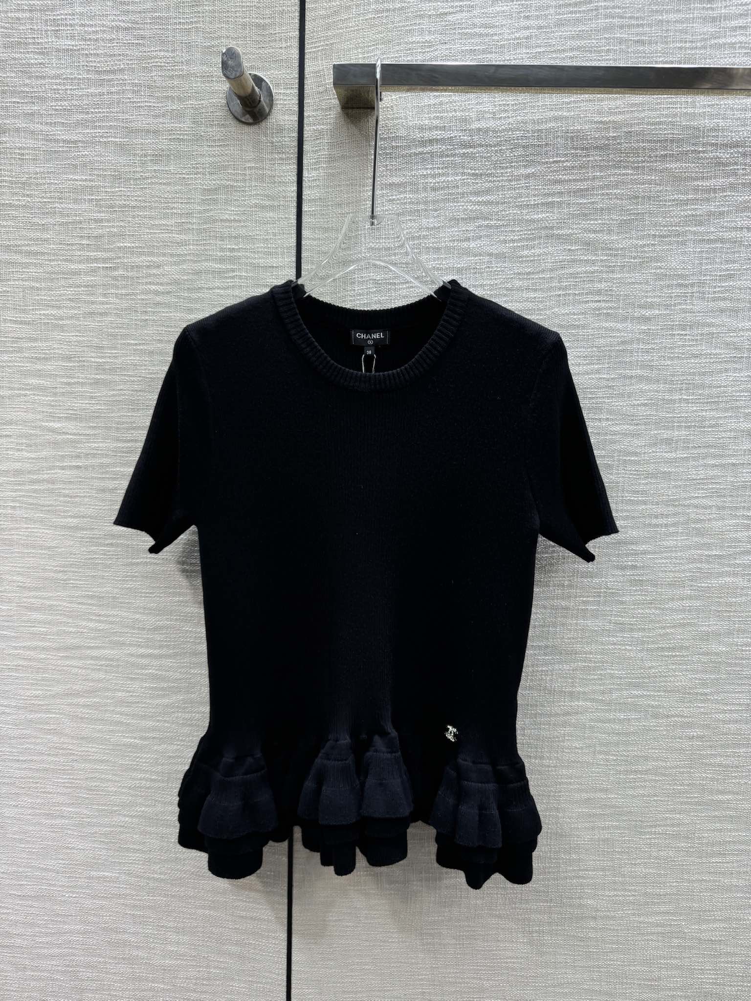 Футболка Chanel 2403 с коротким рукавом, кружевной вязкой - черная