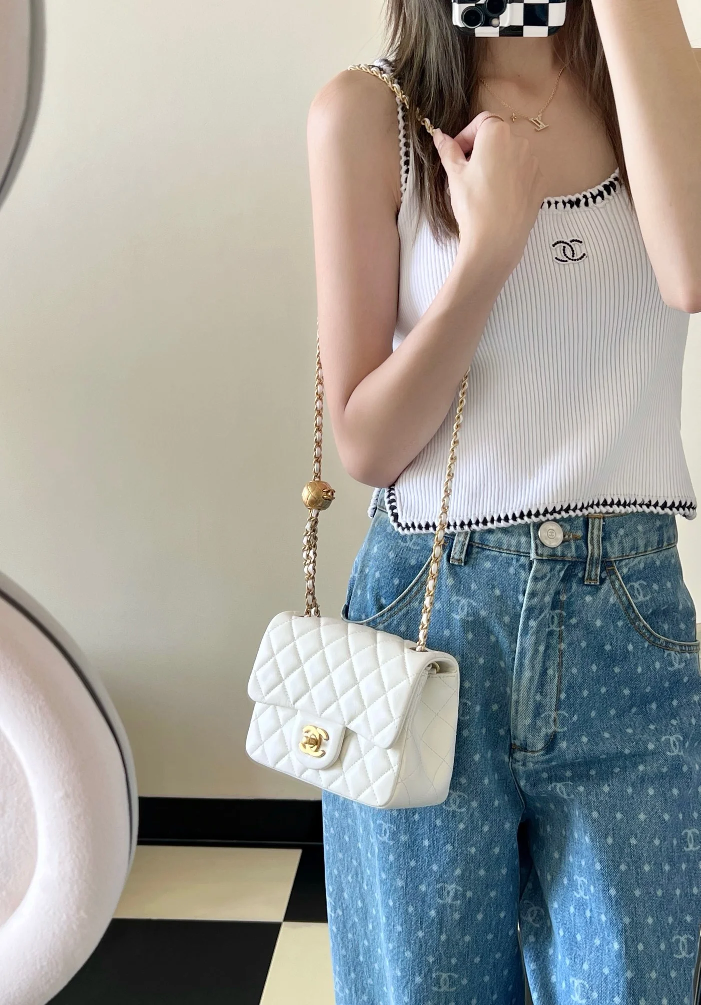 Chanel CF Gold Ball Square Fat Man - White