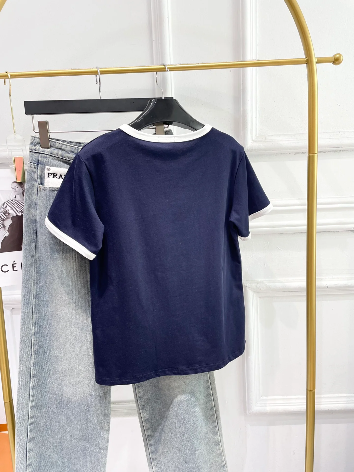 Футболка с коротким рукавом из хлопка с бархатным покрытием Celine-2404 - синяя