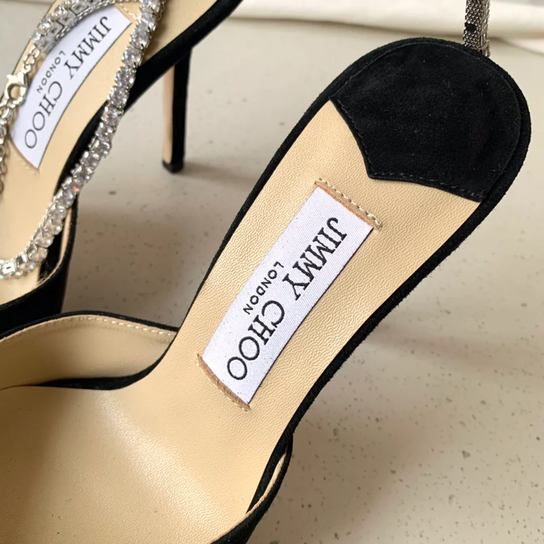 Босоножки на высоком каблуке Jimmy с цепочкой на щиколотке и стразами - Тканевые - Черные