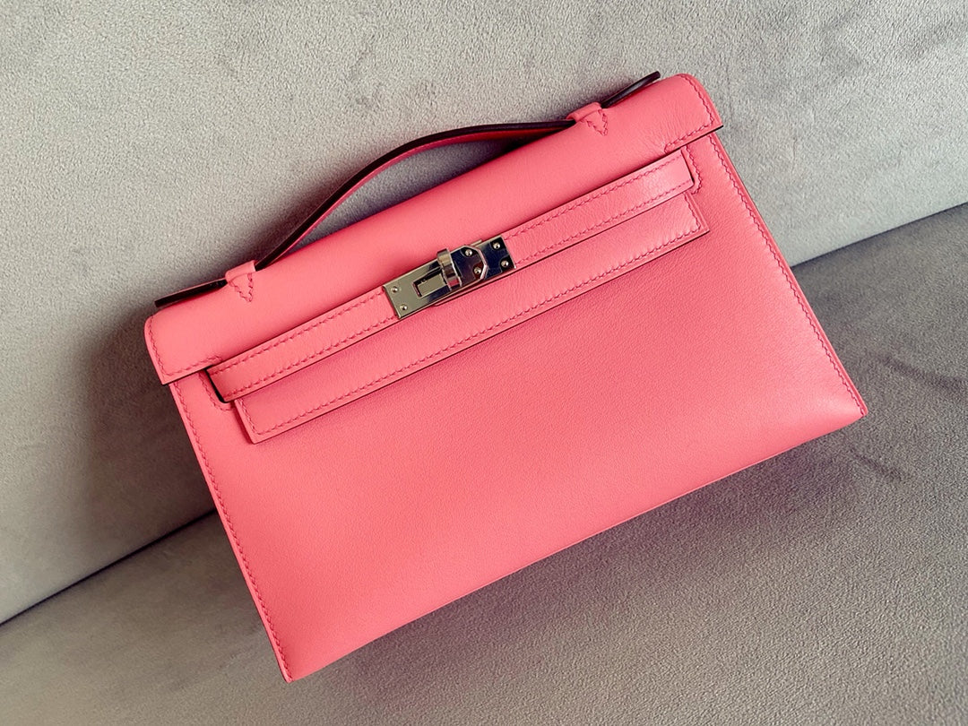 Мини-сумка Hermes Kelly 1-го поколения, 22 см, из быстрой кожи, модель K4, летняя роза, с серебряной пряжкой.