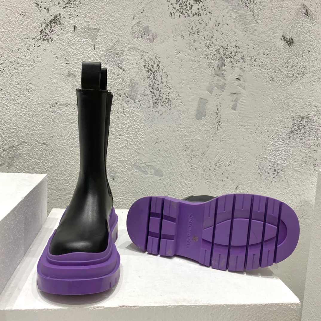 BV-22ss - Британские ретро-сапоги до середины икры - Унисекс - Черные с фиолетовой подошвой