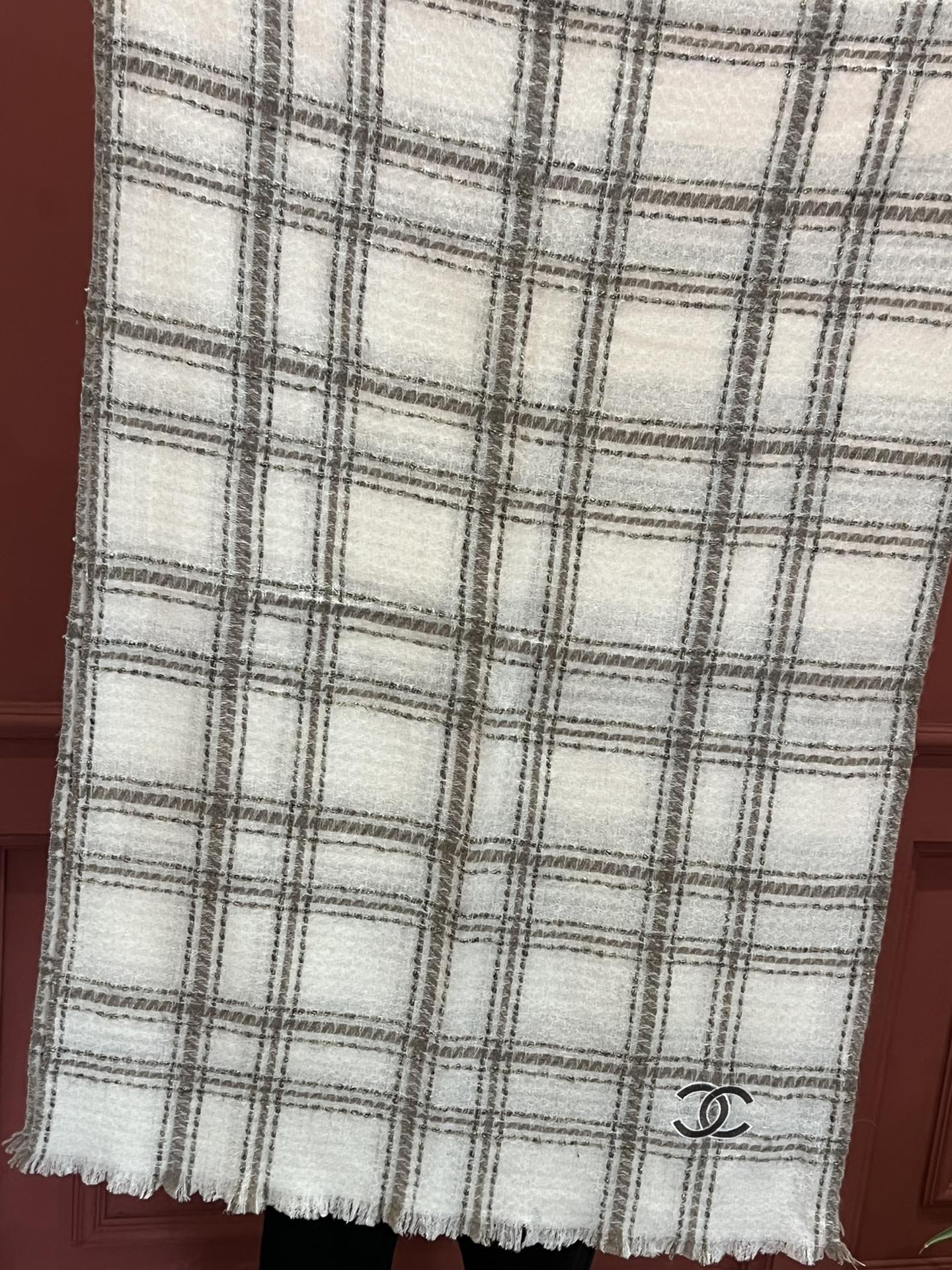 Chanel - Тканый шарф с фактурной поверхностью - 190 см - 70 см - Импортная шотландская овечья шерсть - Белый