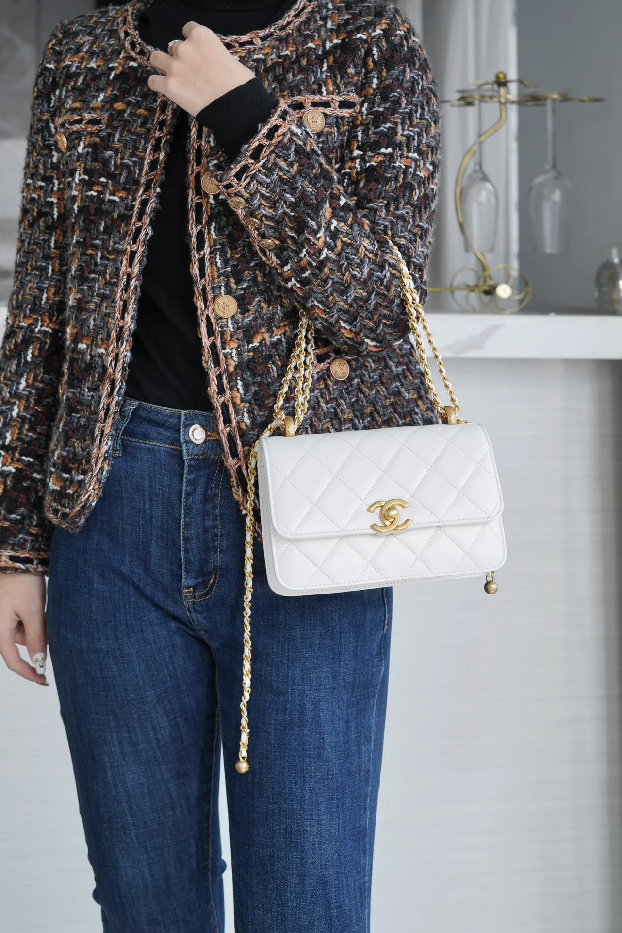 Chanel 24c Double Gold Ball CF Mini 19 White