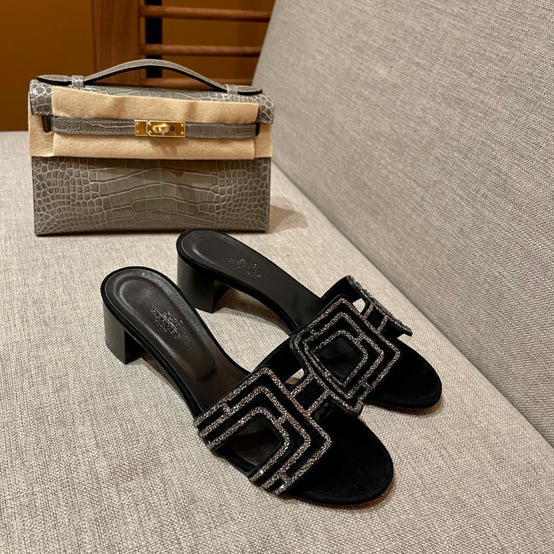 Босоножки Hermes-H на среднем каблуке с бриллиантовой гравировкой-5