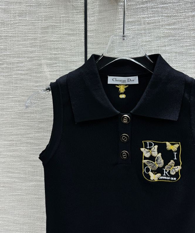 Вязаный жилет Dior 2403 с вышитым воротником-поло в виде бабочки - черный