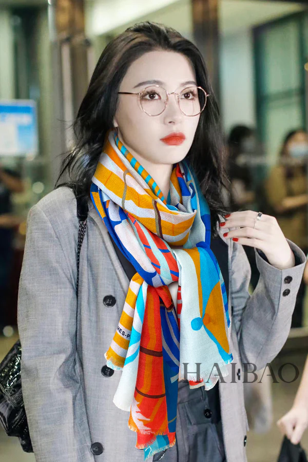 Длинный пляжный шарф-зонт Hermes - 110-200 см - 100% кашемир - синий