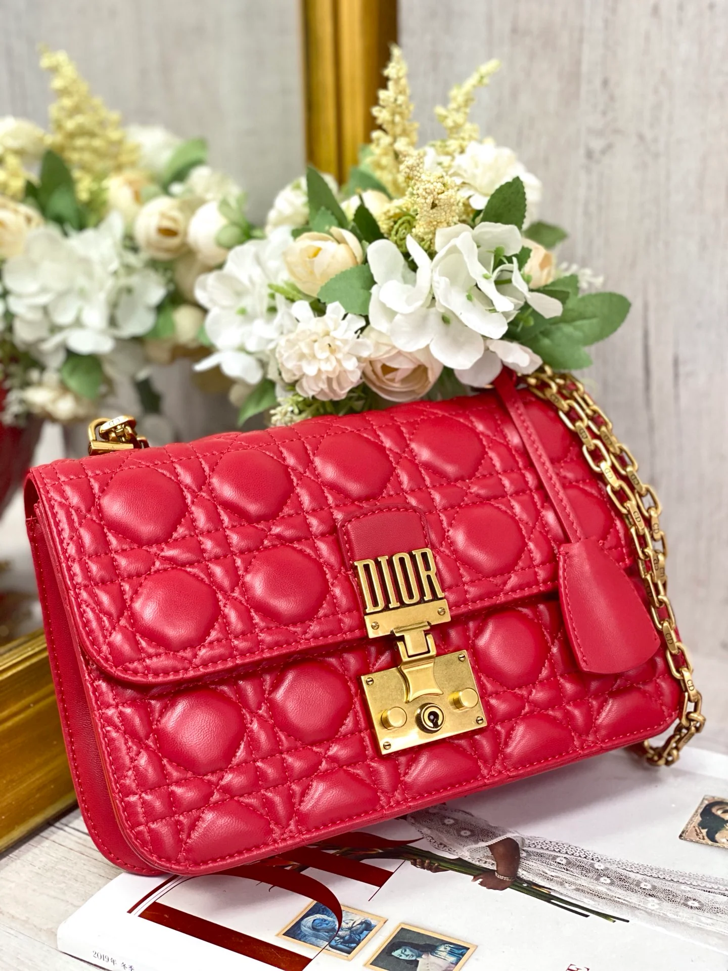 Сумка Dior WOC на цепочке из овечьей кожи, красная.