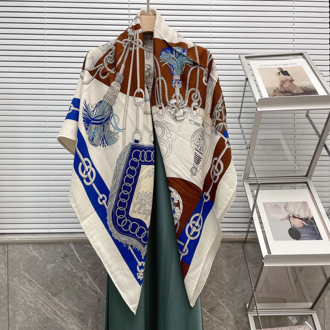 Большой двусторонний шарф Hermes - 136 см - 30 - Шелк 70 - Шерсть - 1