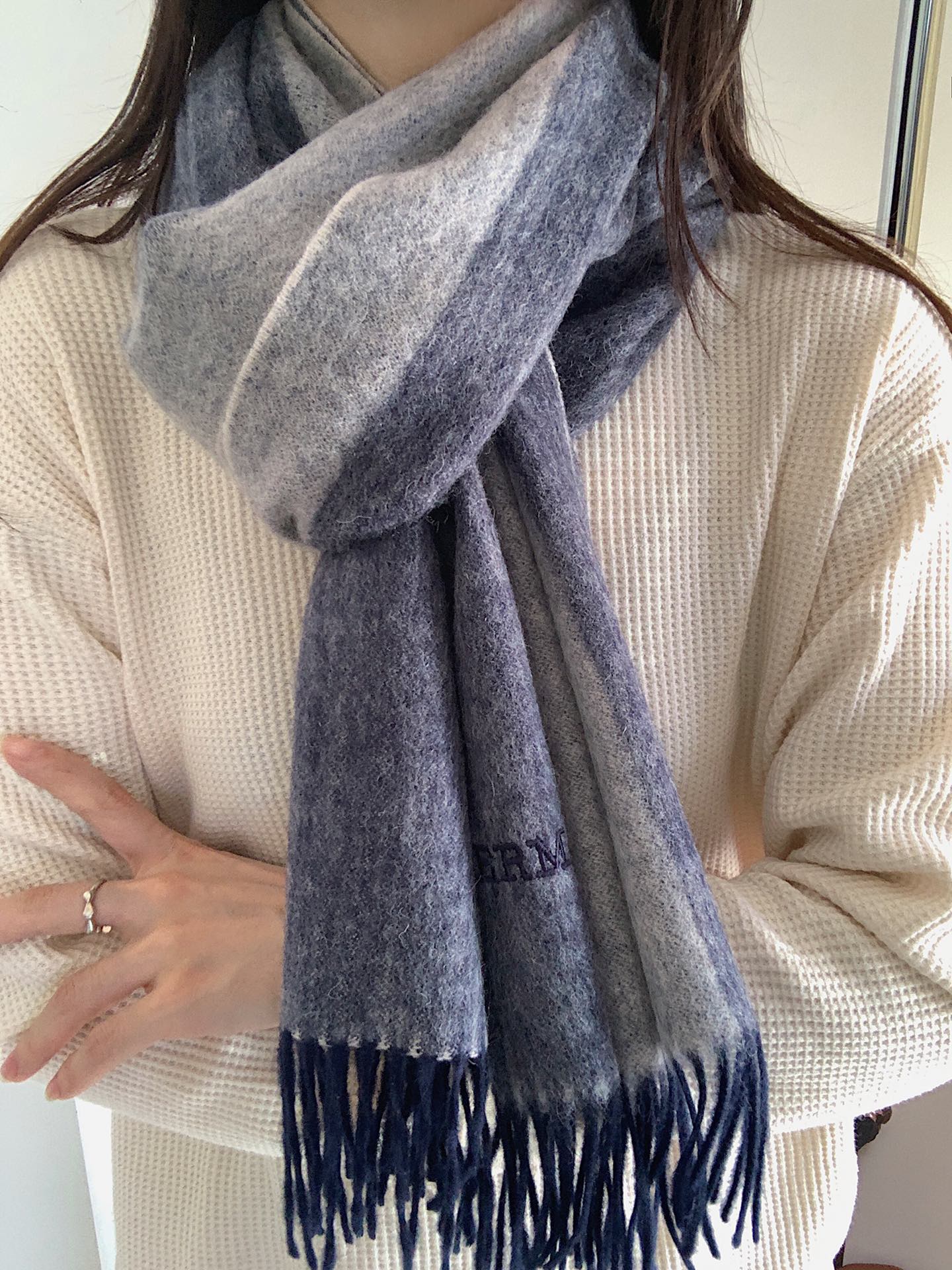 Шарф Hermes Color Block - 35 см - 190 см - серый